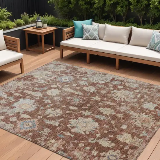 Rust Beige And Blue Floral Washable Indoor Outdoor Area Rug Photo 1