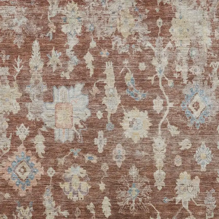 Rust Beige And Blue Floral Washable Indoor Outdoor Area Rug Photo 4