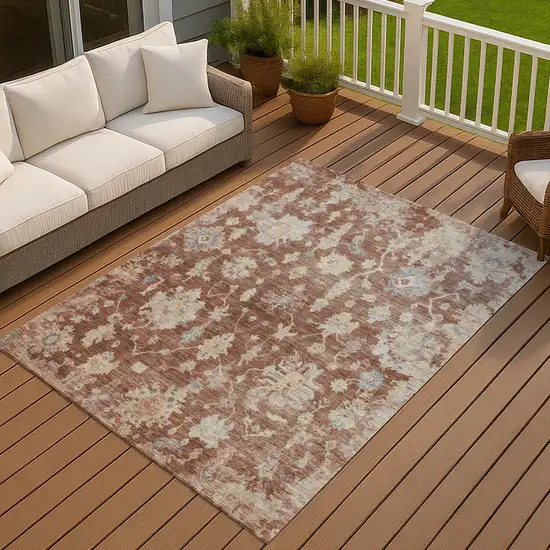 Rust Beige And Blue Floral Washable Indoor Outdoor Area Rug Photo 3