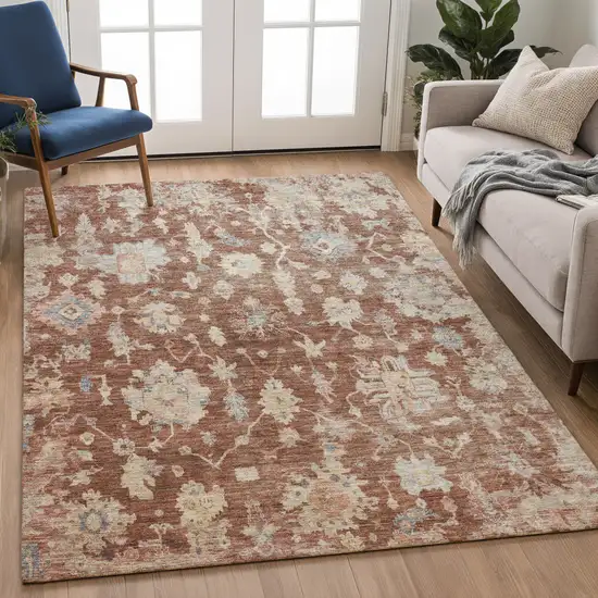 Rust Beige And Blue Floral Washable Indoor Outdoor Area Rug Photo 4