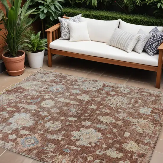 Rust Beige And Blue Floral Washable Indoor Outdoor Area Rug Photo 1