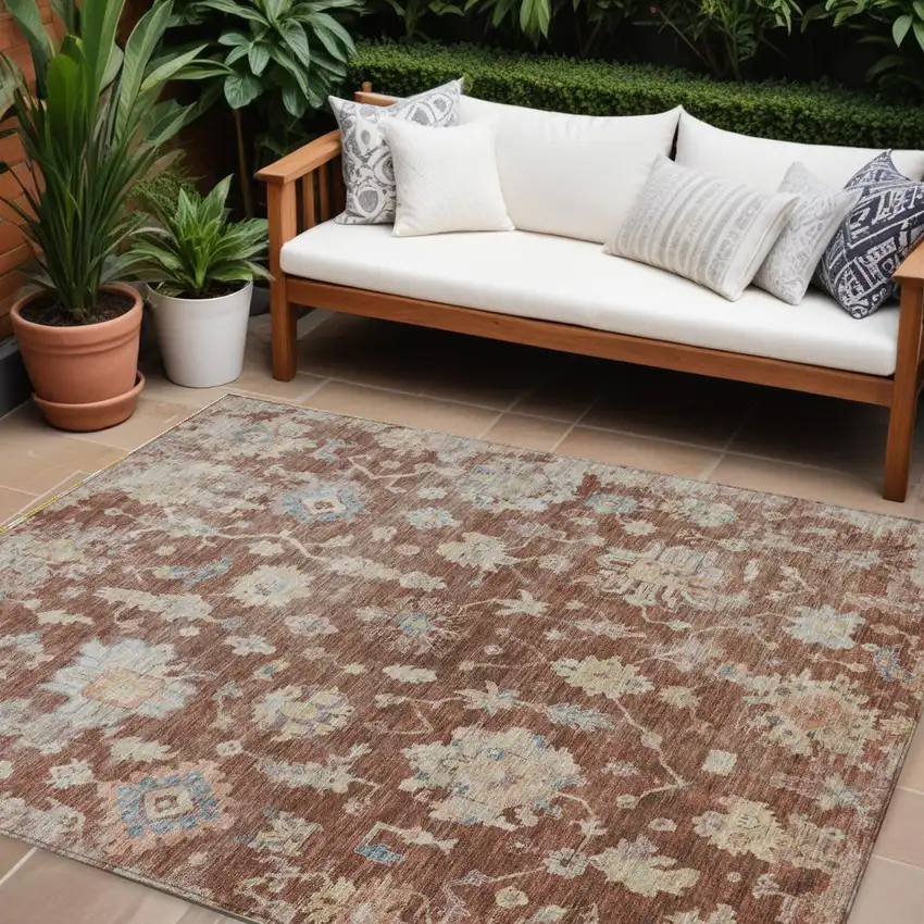 Rust Beige And Blue Floral Washable Indoor Outdoor Area Rug Photo 1