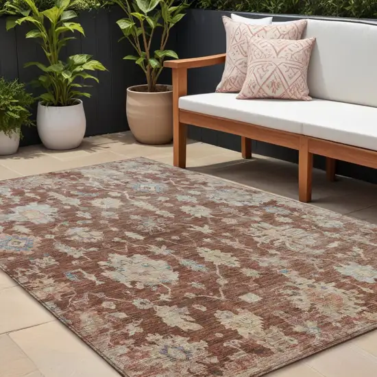 Rust Beige And Blue Floral Washable Indoor Outdoor Area Rug Photo 1