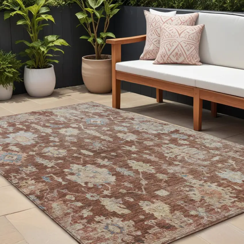 Rust Beige And Blue Floral Washable Indoor Outdoor Area Rug Photo 1