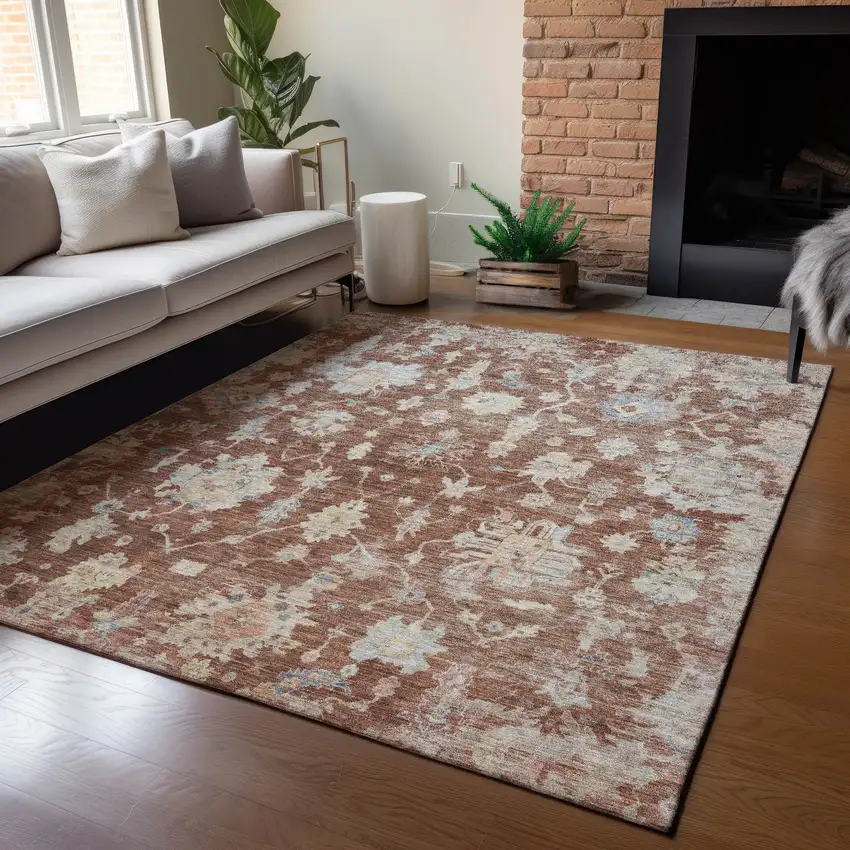 Rust Beige And Blue Floral Washable Indoor Outdoor Area Rug Photo 5