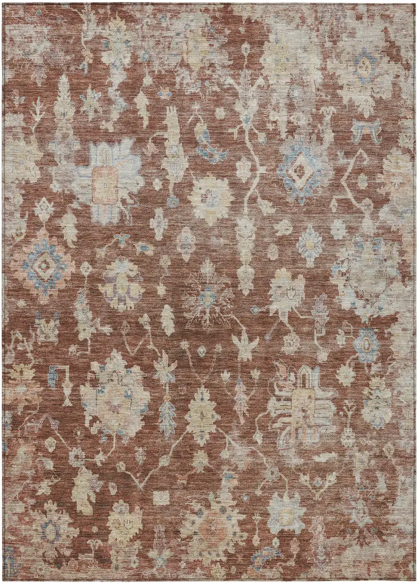Rust Beige And Blue Floral Washable Indoor Outdoor Area Rug Photo 8