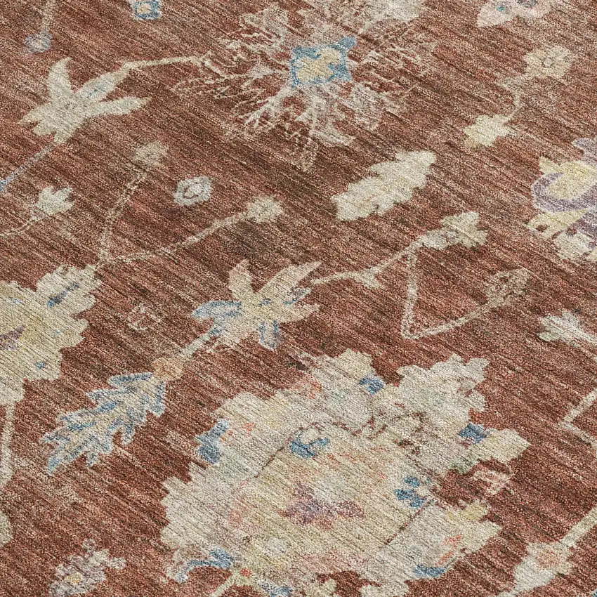 Rust Beige And Blue Floral Washable Indoor Outdoor Area Rug Photo 2