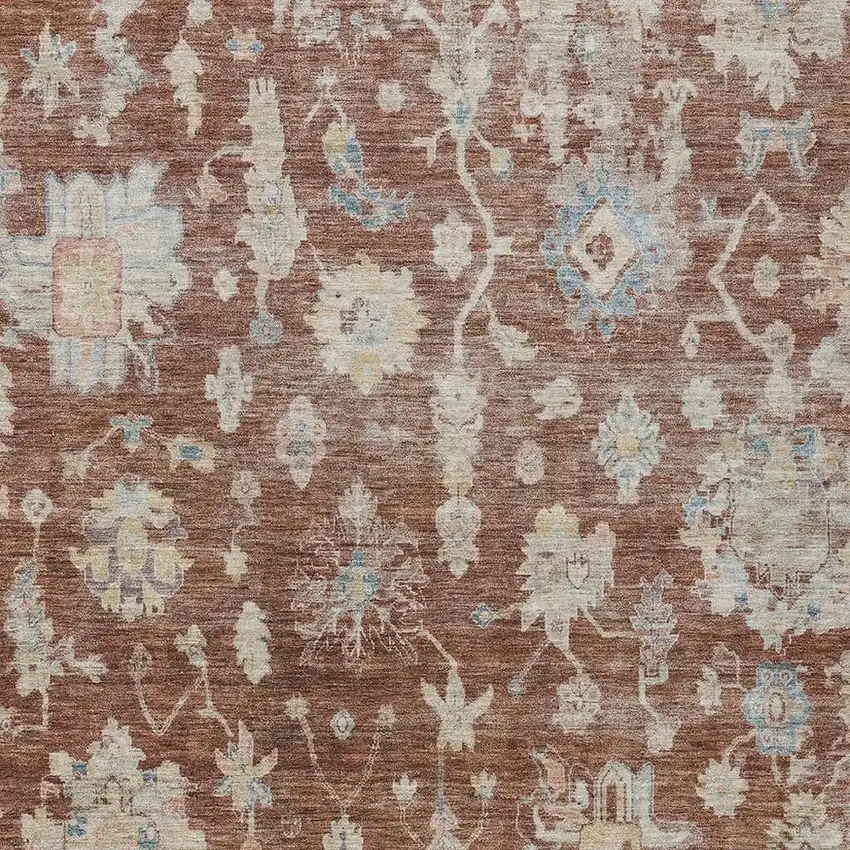 Rust Beige And Blue Floral Washable Indoor Outdoor Area Rug Photo 4