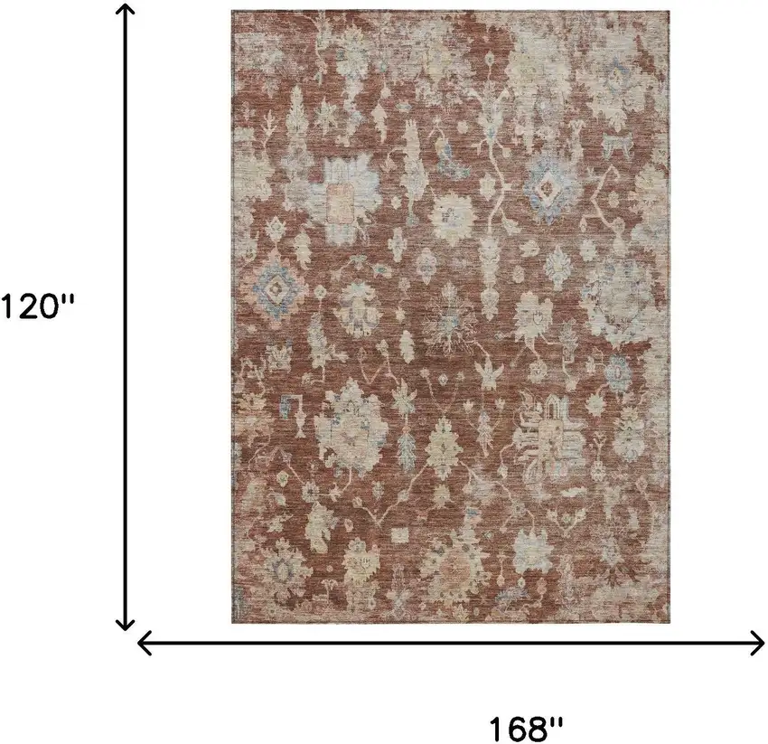 Rust Beige And Blue Floral Washable Indoor Outdoor Area Rug Photo 3