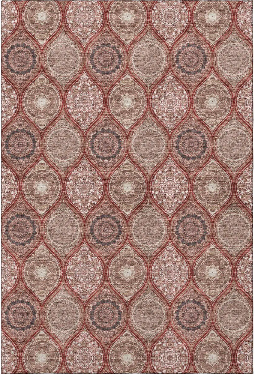 Rust Beige And Brick Red Ogee Washable Area Rug With UV Protection Photo 3