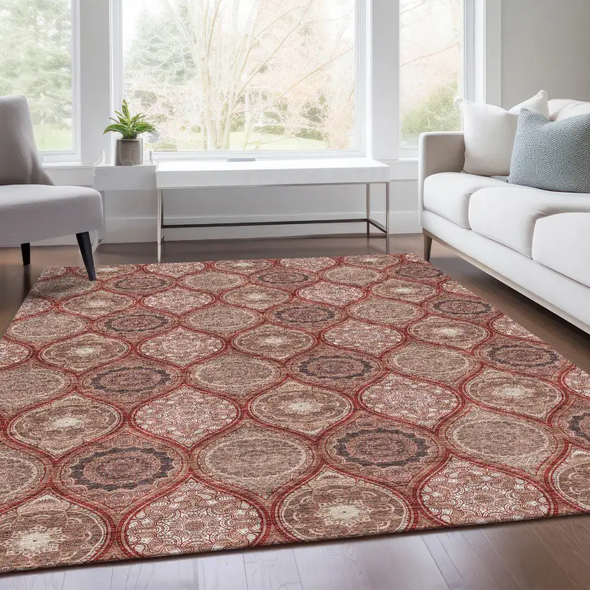 Rust Beige And Brick Red Ogee Washable Area Rug With UV Protection Photo 5