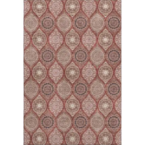 Rust Beige And Brick Red Ogee Washable Area Rug With UV Protection Photo 1