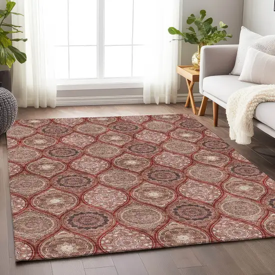 Rust Beige And Brick Red Ogee Washable Area Rug With UV Protection Photo 4