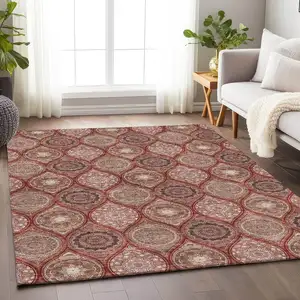 Photo of Rust Beige And Brick Red Ogee Washable Area Rug With UV Protection