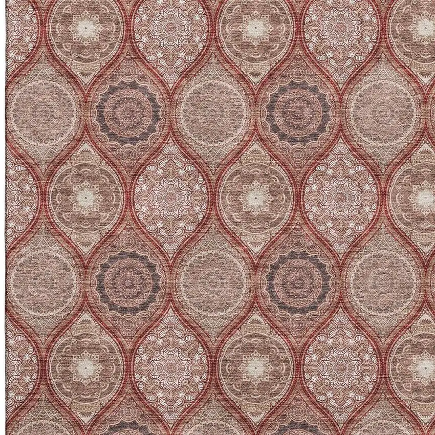 Rust Beige And Brick Red Ogee Washable Area Rug With UV Protection Photo 2