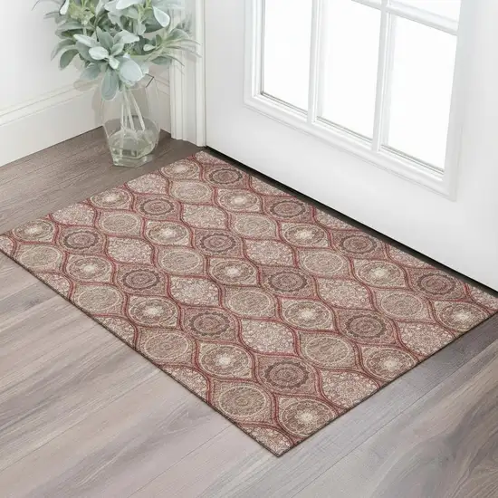 Rust Beige And Brick Red Ogee Washable Area Rug With UV Protection Photo 1