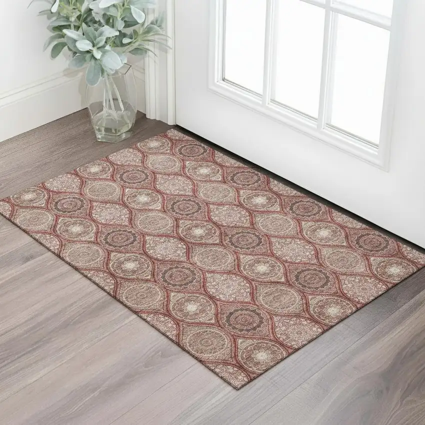 Rust Beige And Brick Red Ogee Washable Area Rug With UV Protection Photo 1