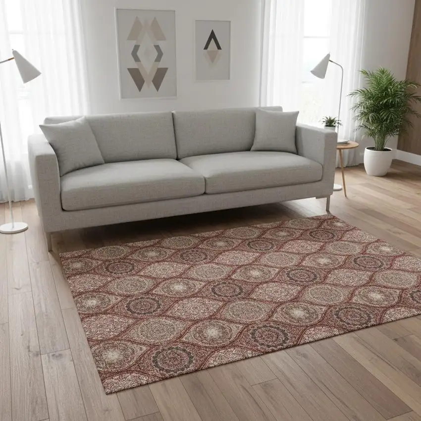 Rust Beige And Brick Red Ogee Washable Area Rug With UV Protection Photo 2