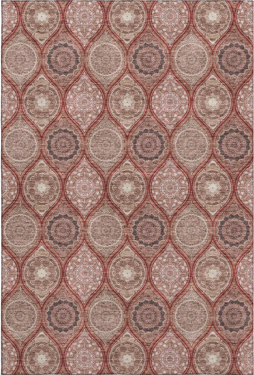 Rust Beige And Brick Red Ogee Washable Area Rug With UV Protection Photo 1
