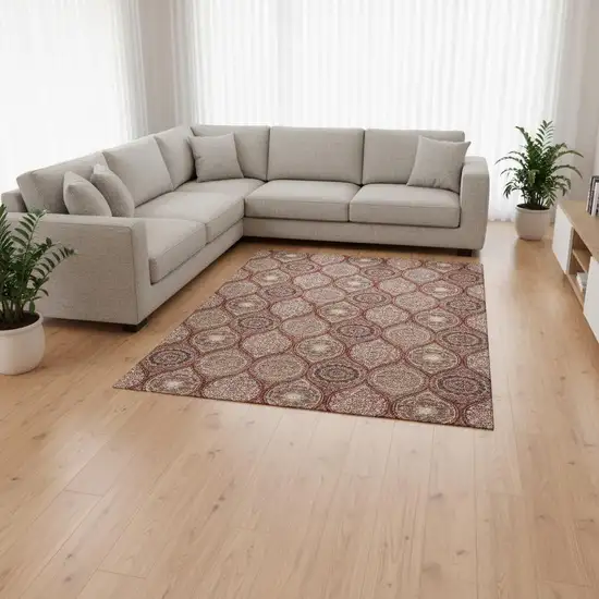 Rust Beige And Brick Red Ogee Washable Area Rug With UV Protection Photo 2