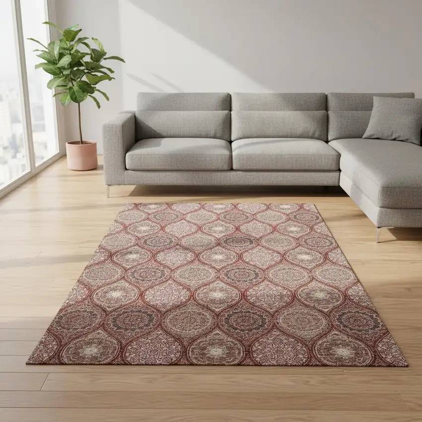 Rust Beige And Brick Red Ogee Washable Area Rug With UV Protection Photo 2
