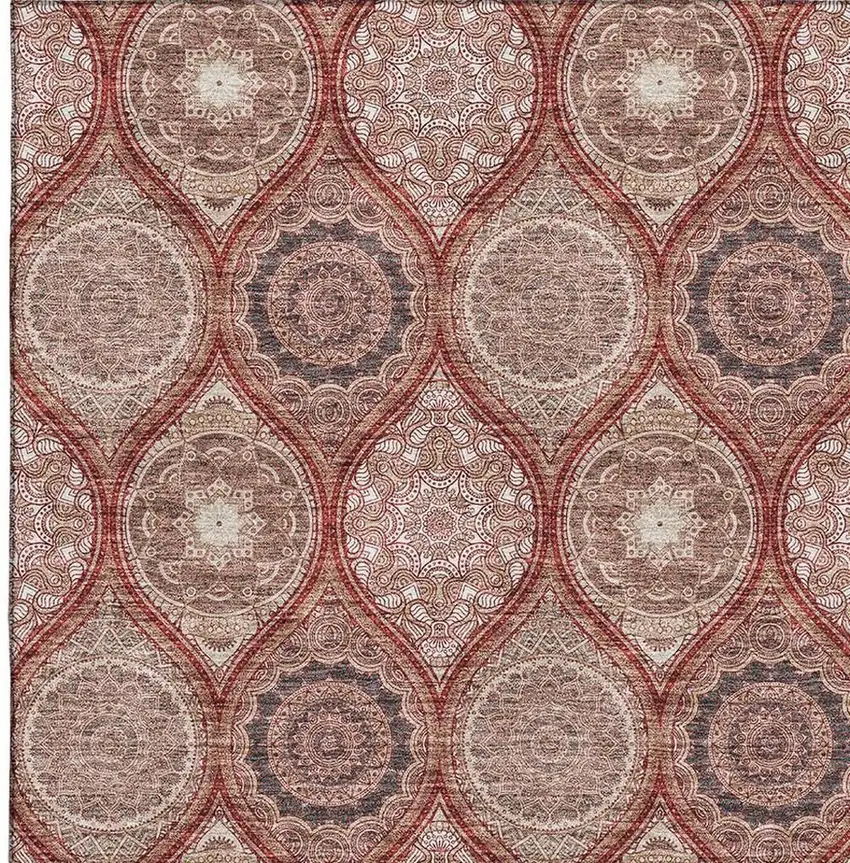 Rust Beige And Brick Red Ogee Washable Area Rug With UV Protection Photo 2