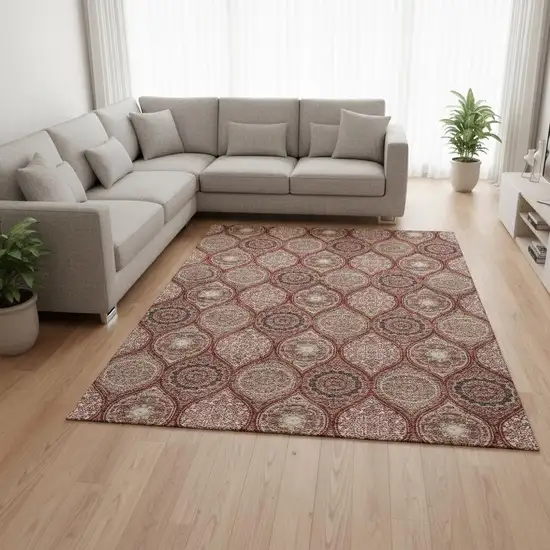 Rust Beige And Brick Red Ogee Washable Area Rug With UV Protection Photo 2