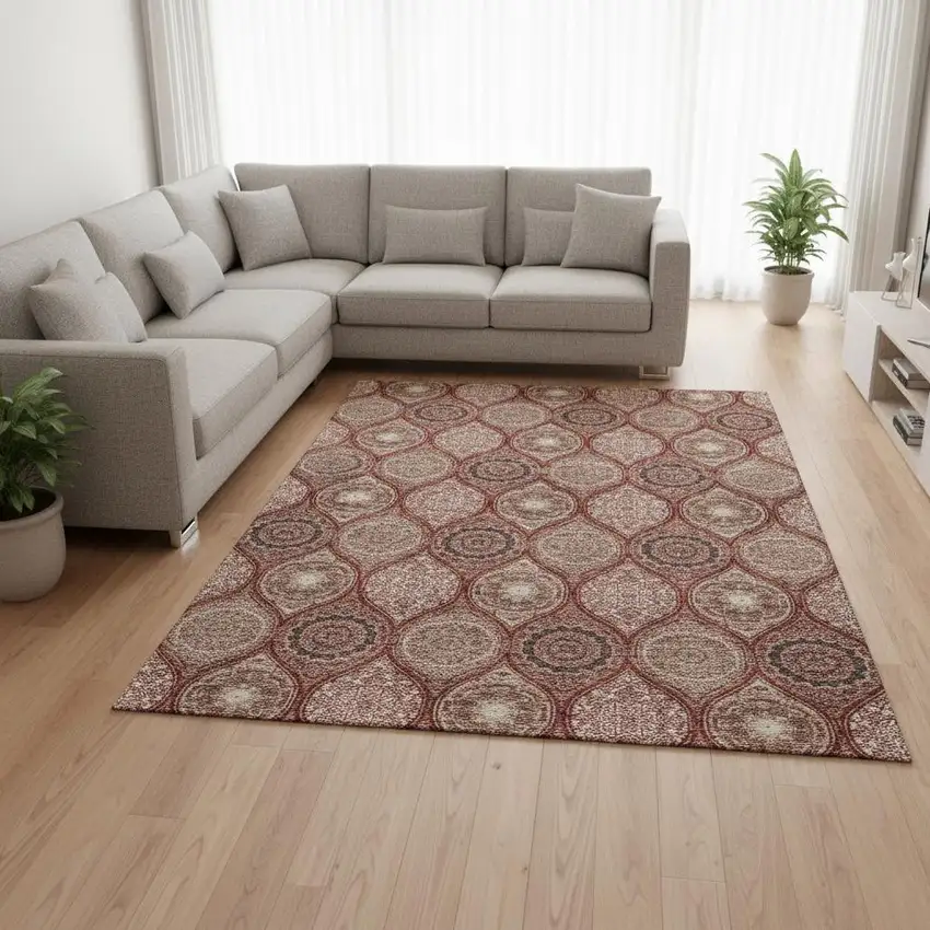 Rust Beige And Brick Red Ogee Washable Area Rug With UV Protection Photo 2