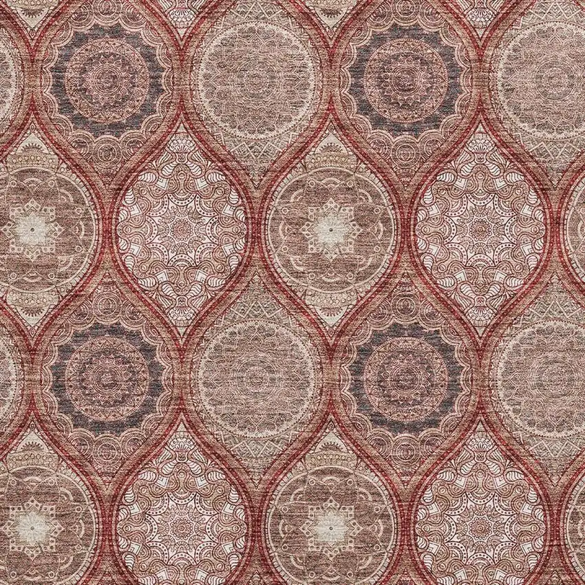 Rust Beige And Brick Red Ogee Washable Area Rug With UV Protection Photo 2