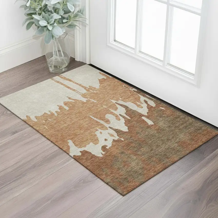 Rust Beige And Brown Abstract Washable Area Rug With UV Protection Photo 2