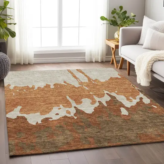 Rust Beige And Brown Abstract Washable Area Rug With UV Protection Photo 4