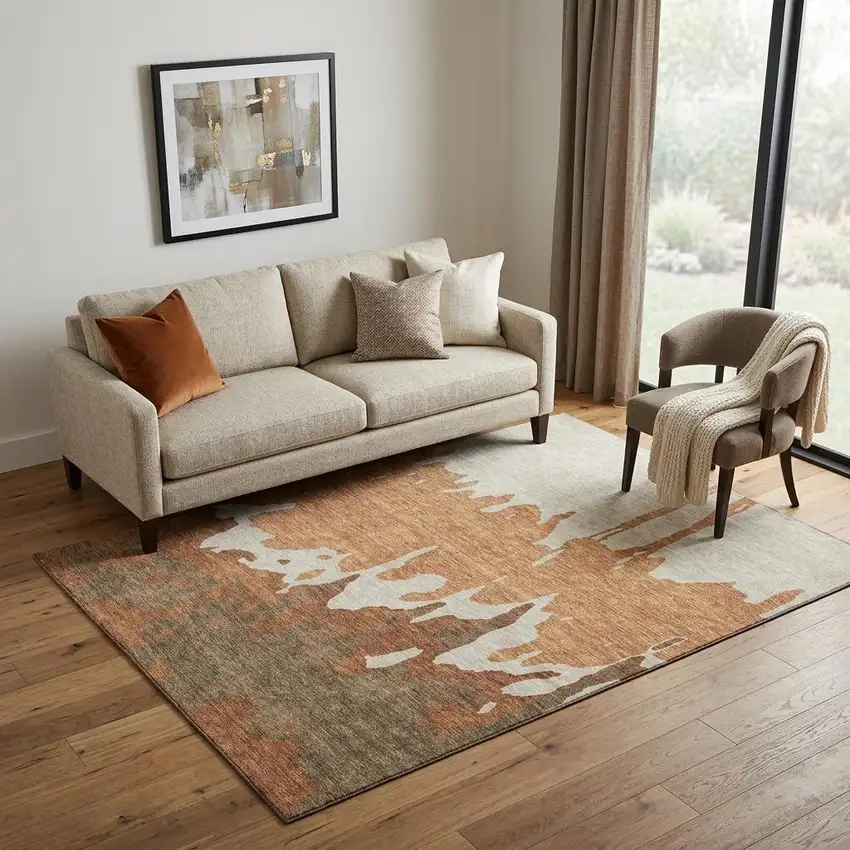 Rust Beige And Brown Abstract Washable Area Rug With UV Protection Photo 1