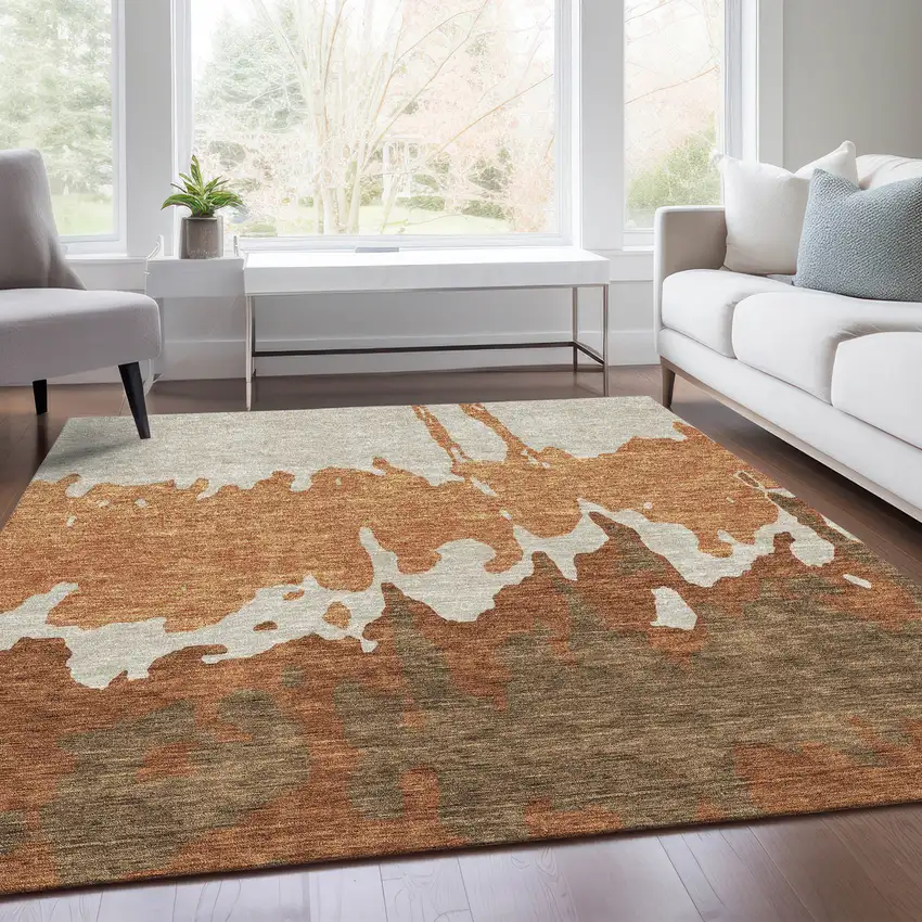 Rust Beige And Brown Abstract Washable Area Rug With UV Protection Photo 4