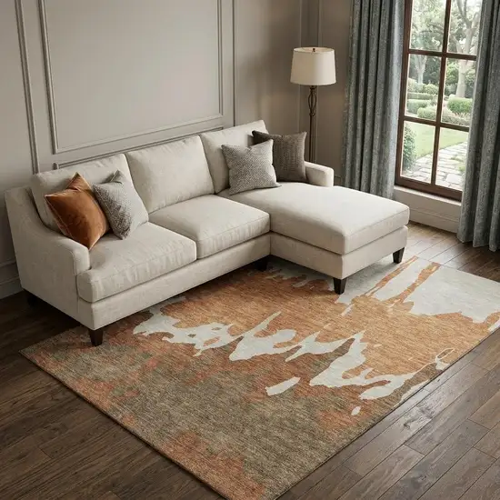 Rust Beige And Brown Abstract Washable Area Rug With UV Protection Photo 1