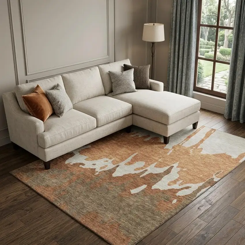 Rust Beige And Brown Abstract Washable Area Rug With UV Protection Photo 1