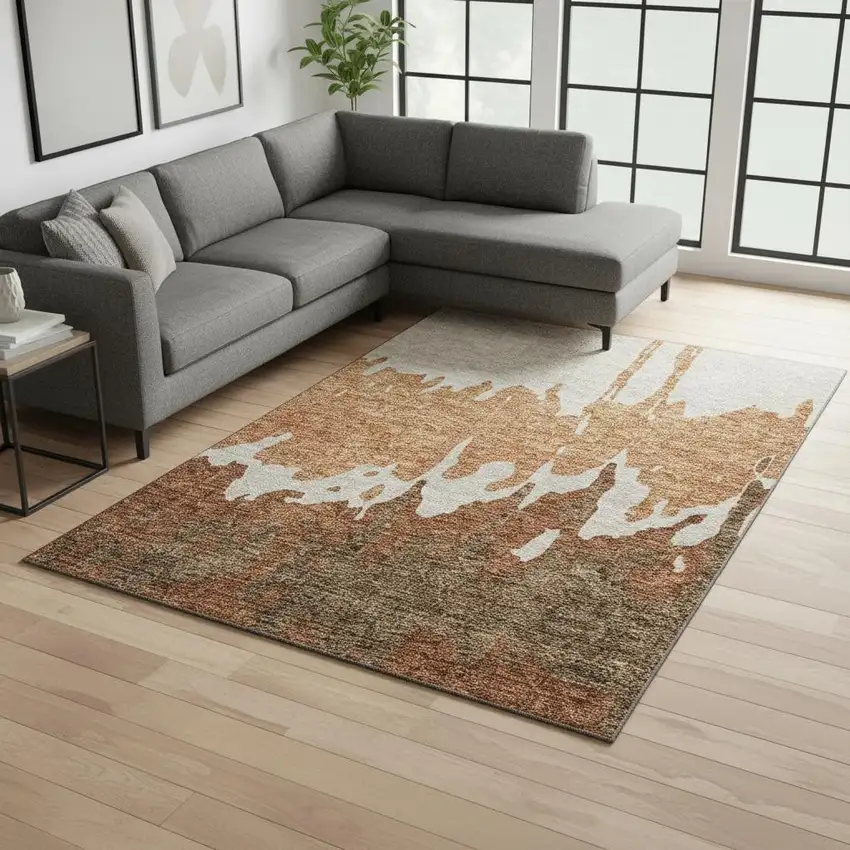 Rust Beige And Brown Abstract Washable Area Rug With UV Protection Photo 2