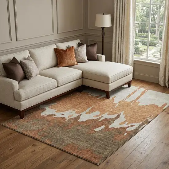 Rust Beige And Brown Abstract Washable Area Rug With UV Protection Photo 1
