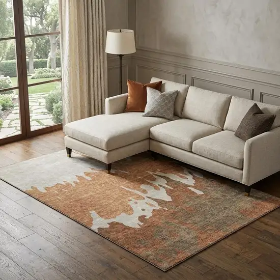 Rust Beige And Brown Abstract Washable Area Rug With UV Protection Photo 1