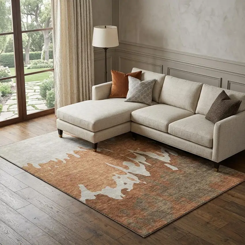 Rust Beige And Brown Abstract Washable Area Rug With UV Protection Photo 1