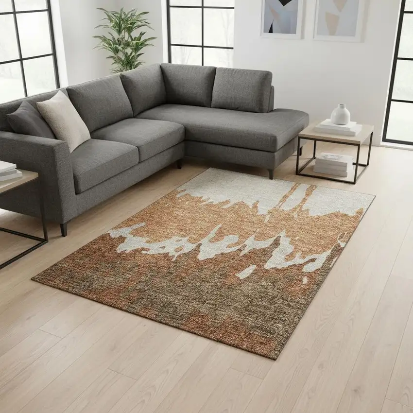 Rust Beige And Brown Abstract Washable Area Rug With UV Protection Photo 2