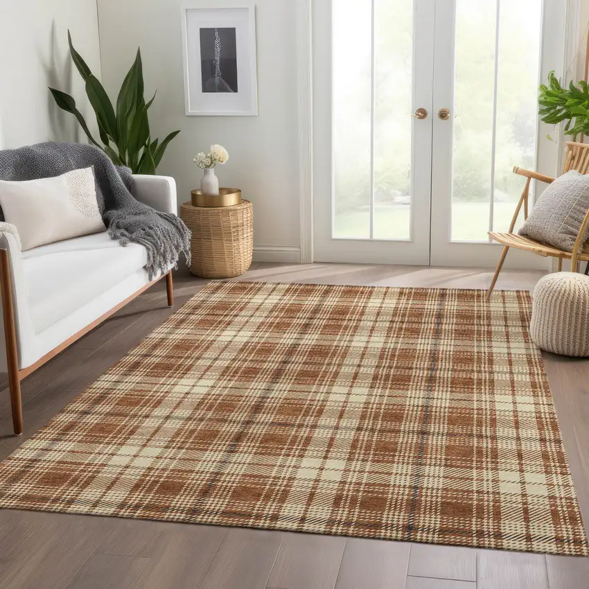 Rust Beige And Brown Plaid Washable Area Rug With UV Protection Photo 5
