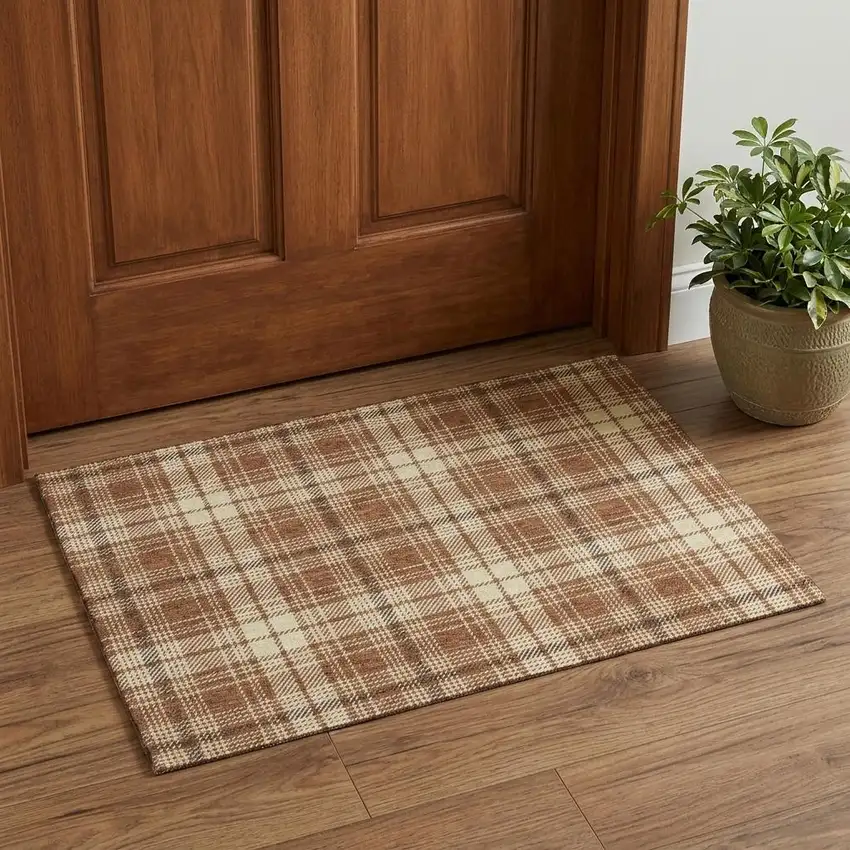 Rust Beige And Brown Plaid Washable Area Rug With UV Protection Photo 1