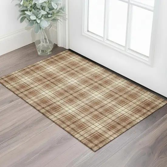 Rust Beige And Brown Plaid Washable Area Rug With UV Protection Photo 2