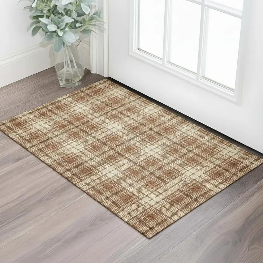 Rust Beige And Brown Plaid Washable Area Rug With UV Protection Photo 2
