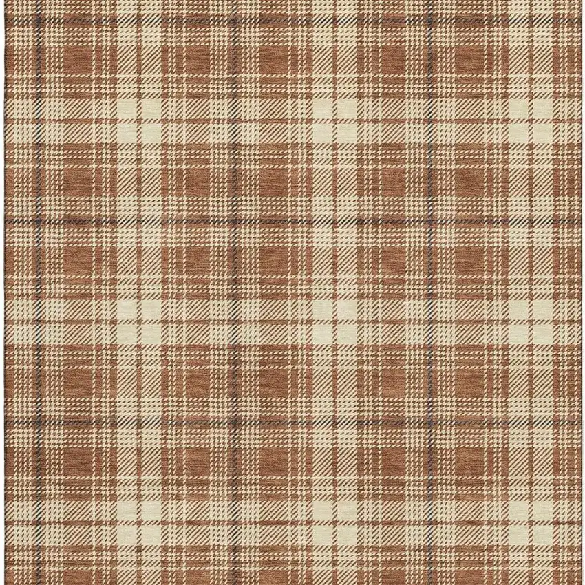 Rust Beige And Brown Plaid Washable Area Rug With UV Protection Photo 3
