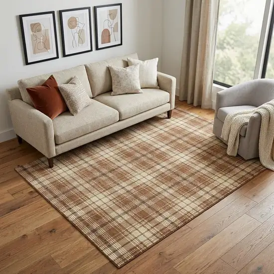 Rust Beige And Brown Plaid Washable Area Rug With UV Protection Photo 1