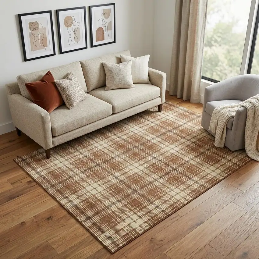 Rust Beige And Brown Plaid Washable Area Rug With UV Protection Photo 1