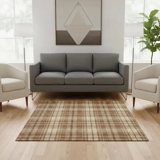 Rust Beige And Brown Plaid Washable Area Rug With UV Protection Photo 2