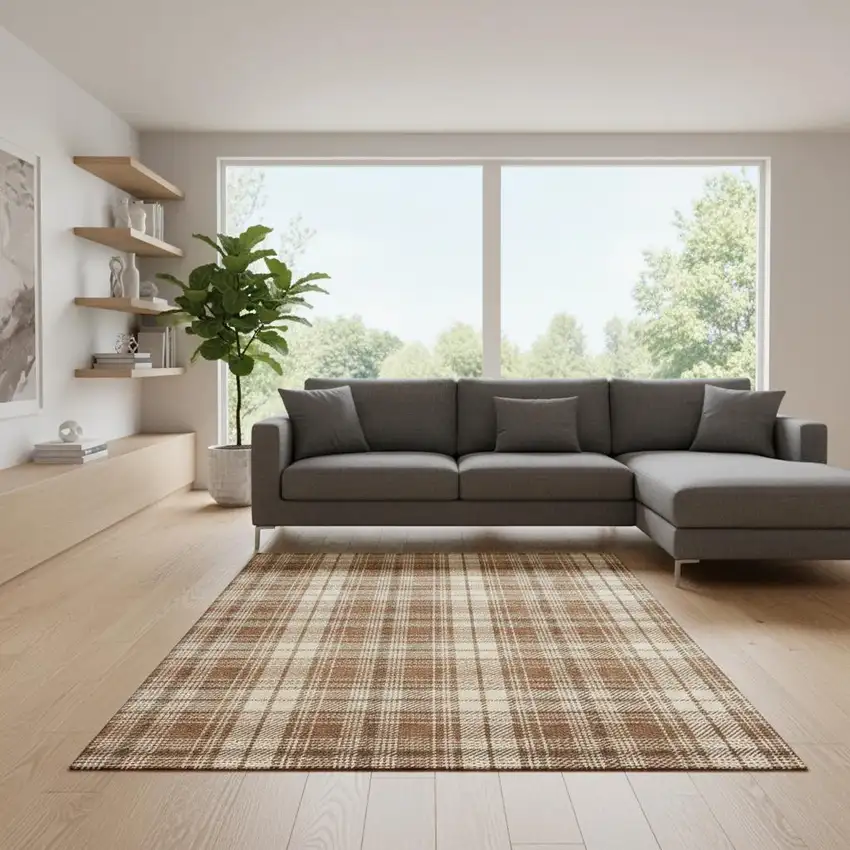 Rust Beige And Brown Plaid Washable Area Rug With UV Protection Photo 2