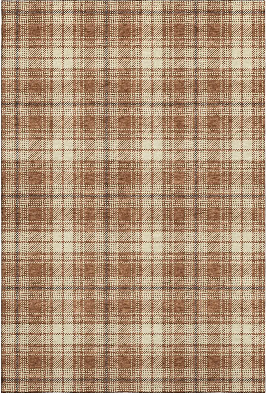 Rust Beige And Brown Plaid Washable Area Rug With UV Protection Photo 1